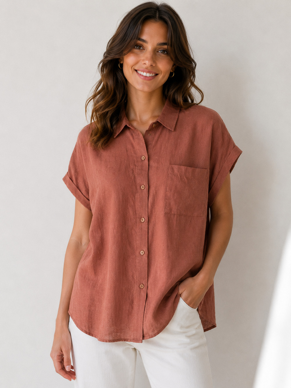 NWT Calvin Klein Linen Shirt S Boxy Relaxed Rust Terracotta Button Down M4CA5554